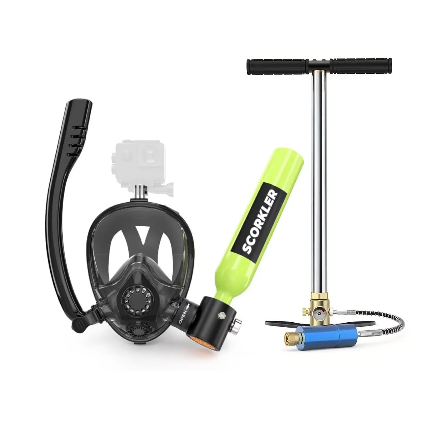 SCORKLER Snorkeling Full Face Mask with Mini 0.5L Scuba Diving Tank and Hand Pump Diving Cylinder Dive Equipment for Adults