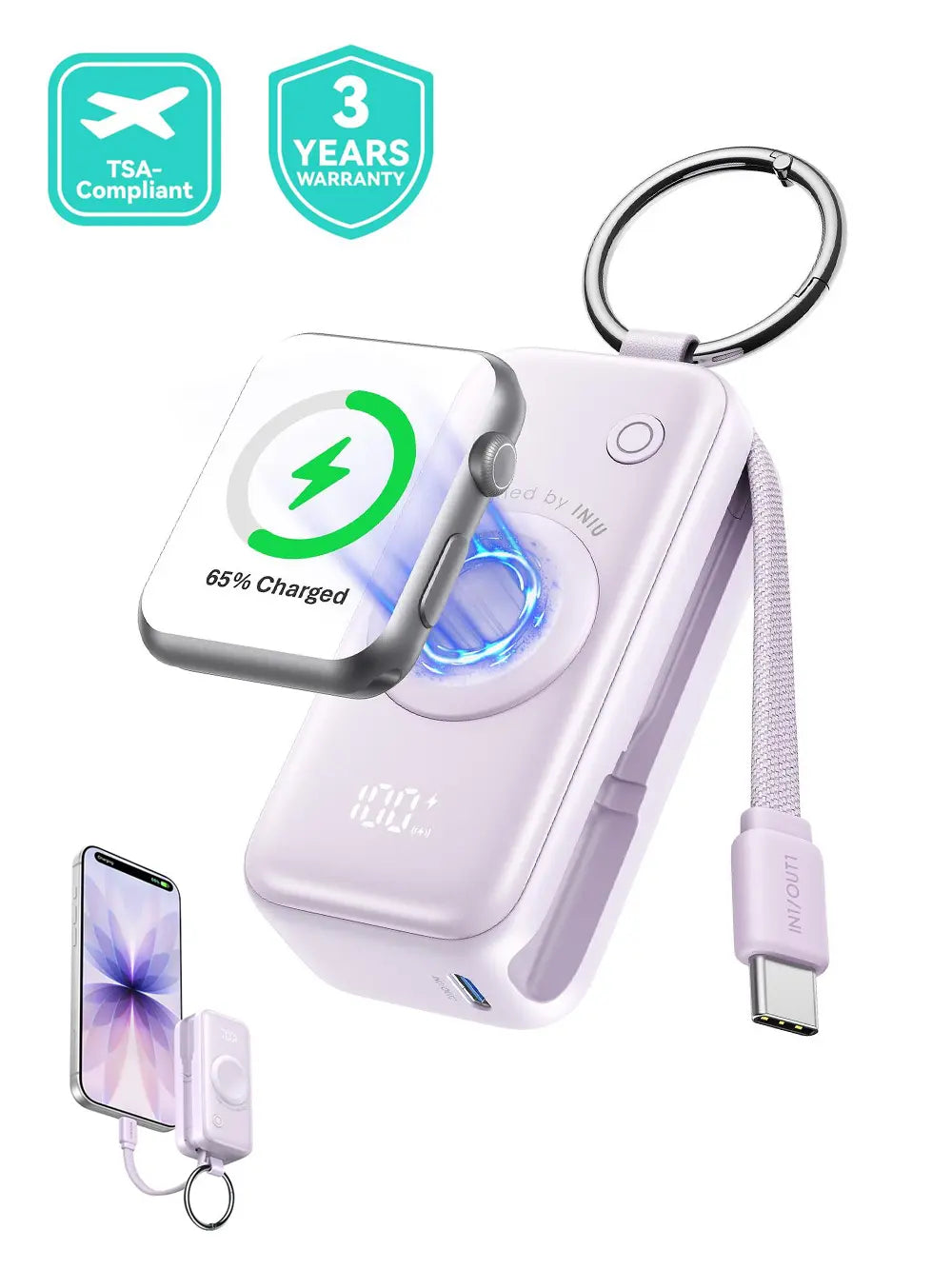 INIU P81 Snapgo Mini 5000mAh Power Bank with Keychain - Perfect Fast Charging Solution for Apple Watch, iPhone, and AirPods - Ideal Valentine's Day Gift for Her