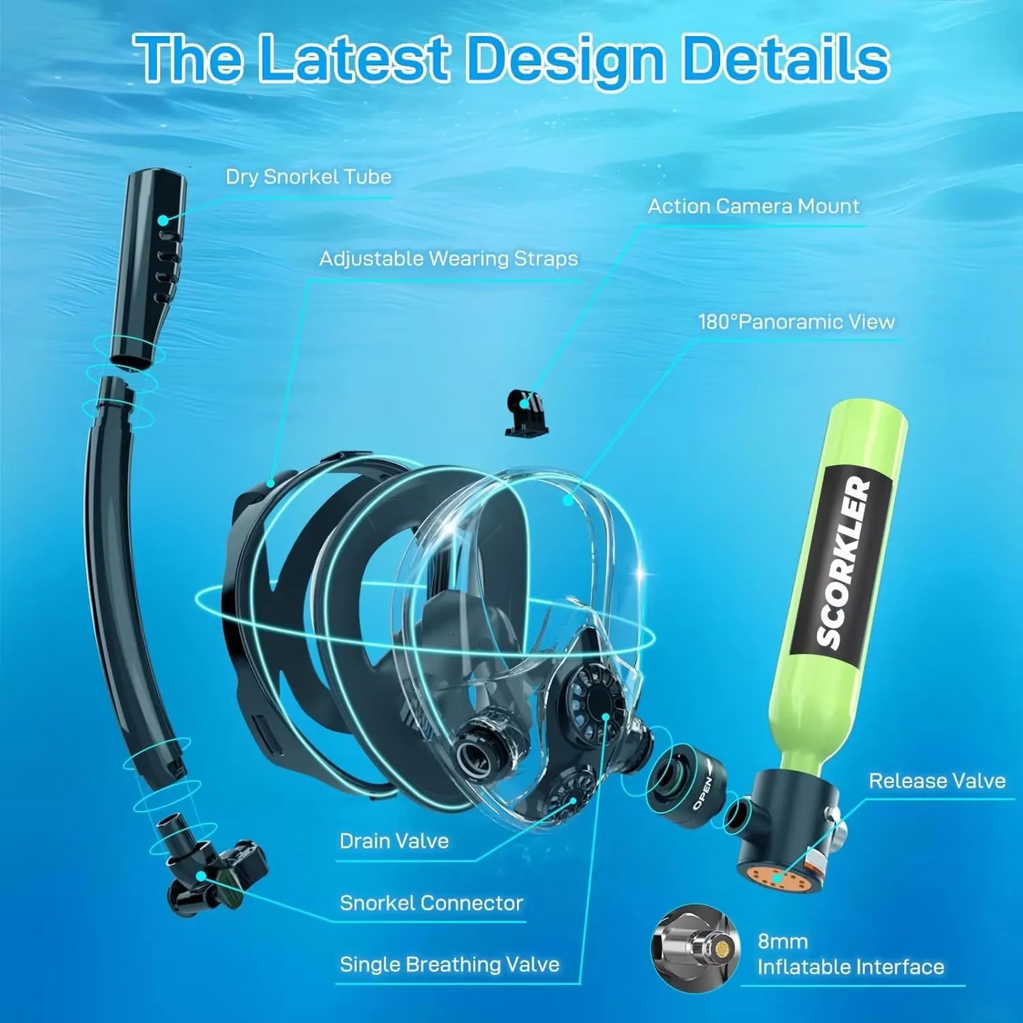 SCORKLER Snorkeling Full Face Mask with Mini 0.5L Scuba Diving Tank and Hand Pump Diving Cylinder Dive Equipment for Adults
