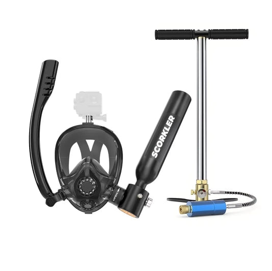 SCORKLER Snorkeling Full Face Mask with Mini 0.5L Scuba Diving Tank and Hand Pump Diving Cylinder Dive Equipment for Adults