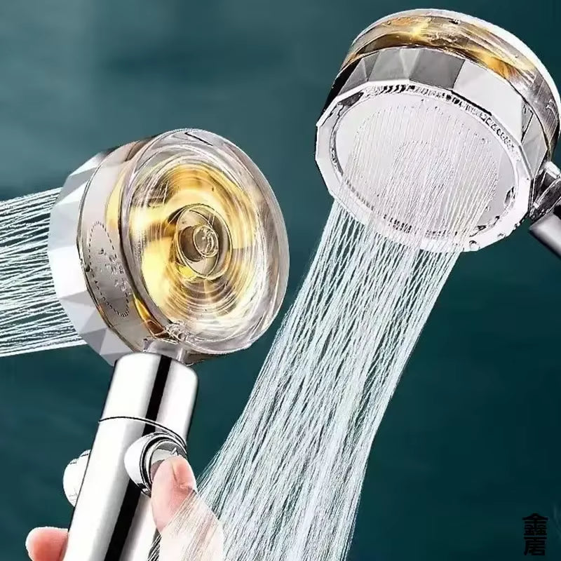 Pressurized 360-Degree Rotating Shower Head with Twin Turbo Propeller for Water Conservation - Bathroom Accessory
