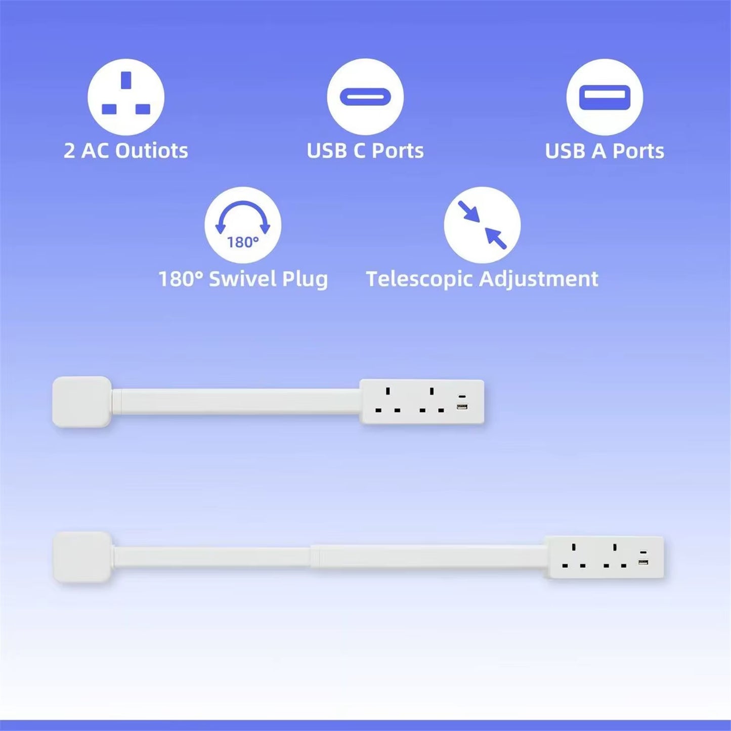 Rotatable Electrical Wall Plug Extender with Adjustable Length Multi-Outlet Power Socket Adapter for Space Optimization