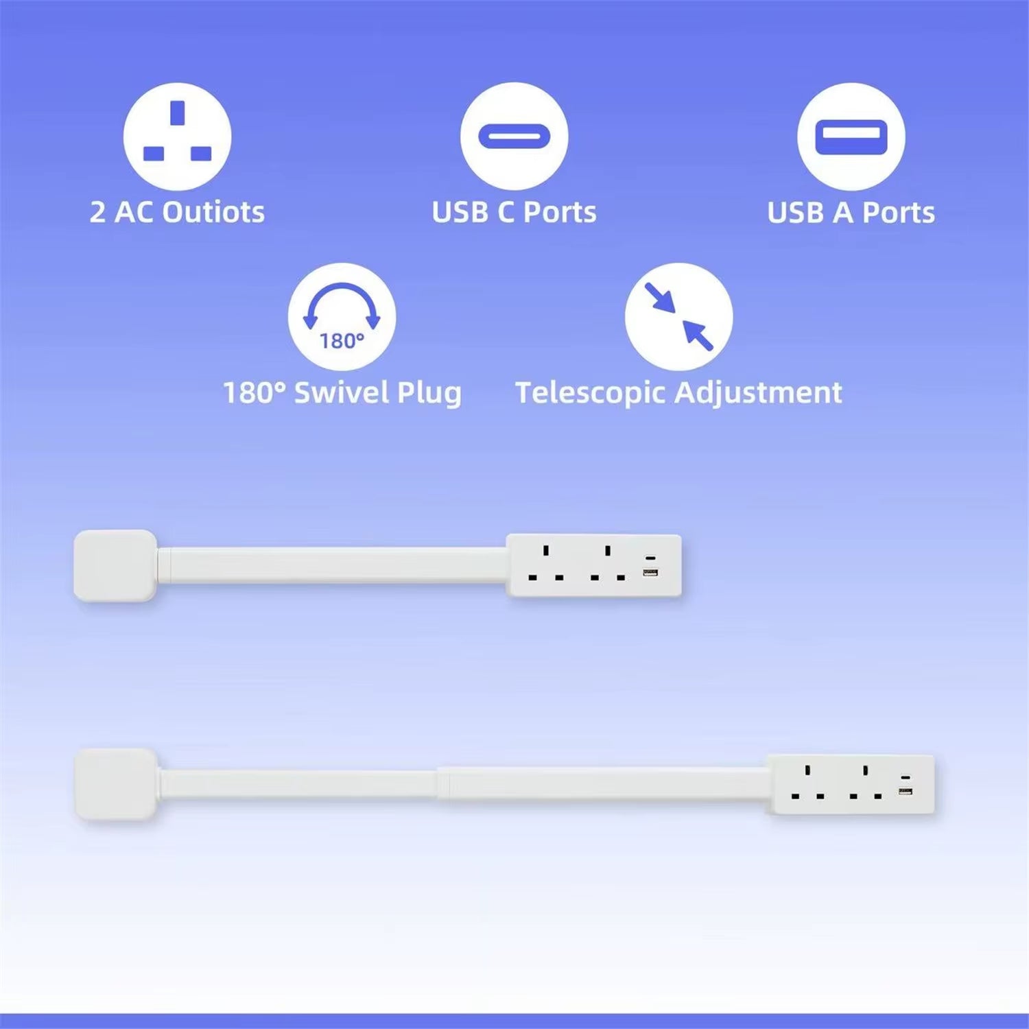 Rotatable Electrical Wall Plug Extender with Adjustable Length Multi-Outlet Power Socket Adapter for Space Optimization