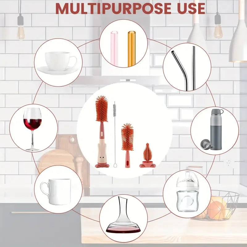 Effortless Cleaning with the 3-in-1 Multifunctional Silicone Baby Bottle and Cup Brush Set - Includes Nipple and Straw Tools