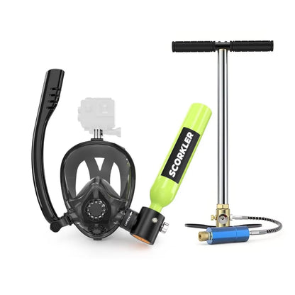SCORKLER Snorkeling Full Face Mask with Mini 0.5L Scuba Diving Tank and Hand Pump Diving Cylinder Dive Equipment for Adults