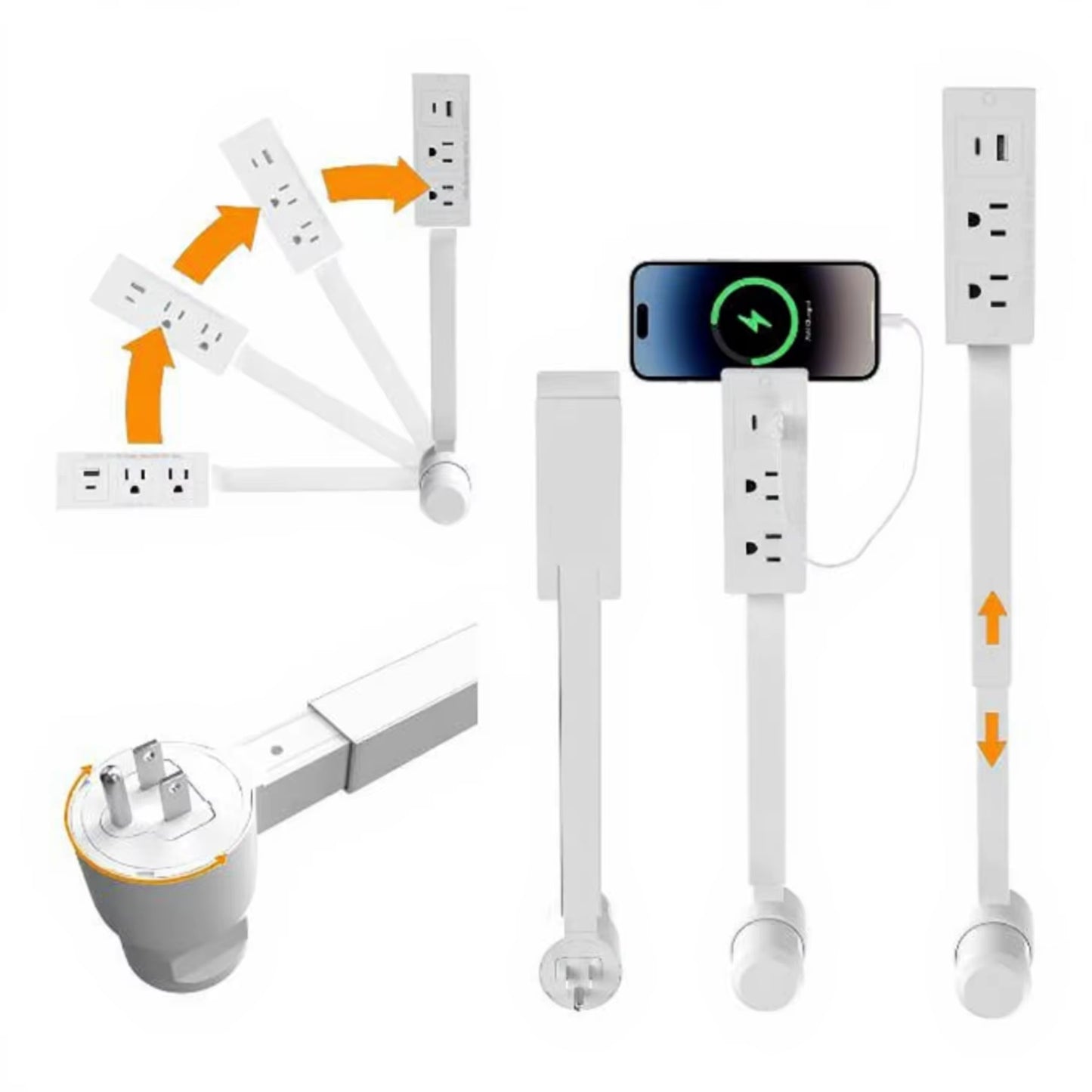 Rotatable Electrical Wall Plug Extender with Adjustable Length Multi-Outlet Power Socket Adapter for Space Optimization